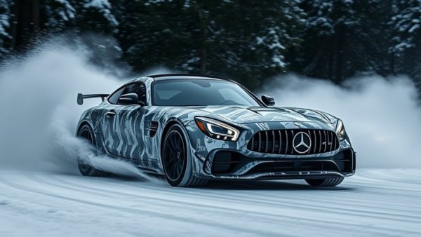 Camouflaged all-electric Mercedes-AMG GT 4-Door Coupé drifting on snow.