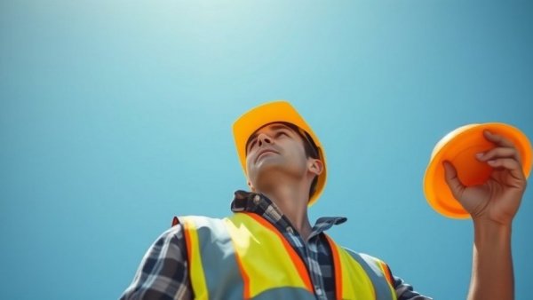 Confident worker in safety gear looking up, clear blue sky.
