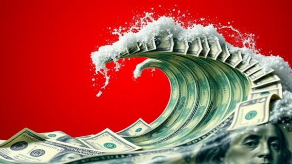 Wave of dollar bills symbolizing rising costs on red backdrop.