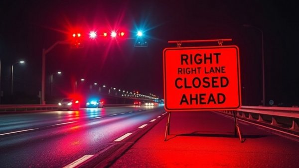 Nighttime work zone scene during National Work Zone Awareness Week.