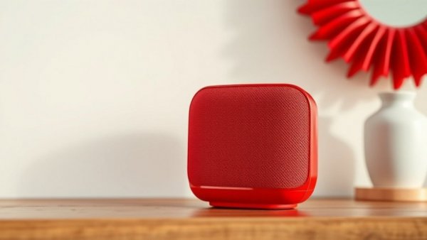 Red smart speaker for Google Home voice commands on a wooden table.