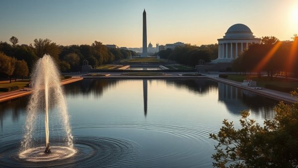 Washington Monument at sunrise reflecting in pool with monuments around.