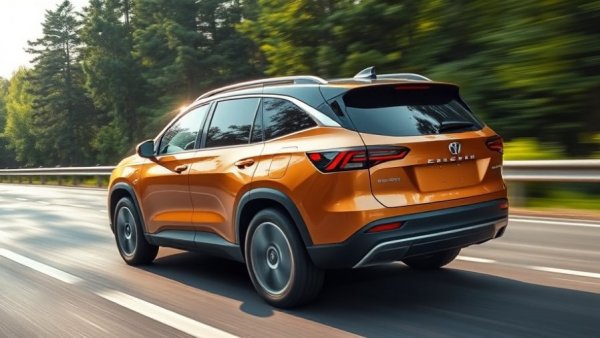 Modern bronze electric SUV speeding on a forest highway.