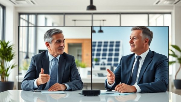 Two men discuss 10% ROI solar investment via video call.
