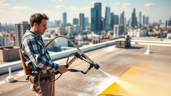Rooftop worker applying FAR FiberSeal Base coating in urban cityscape.