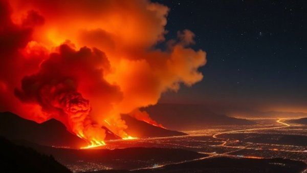 Wildfire visible from city at night promoting Wildfire Prepared Program.