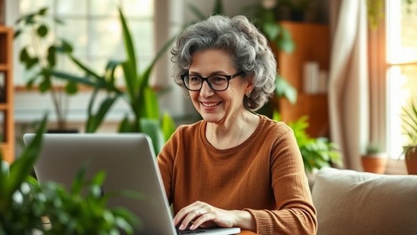 Older woman working on laptop in a cozy home office.