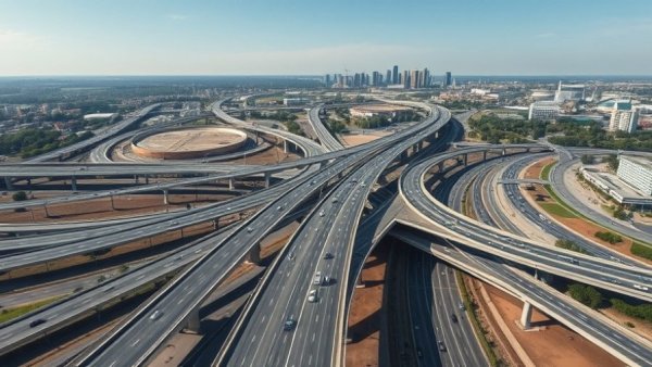 Aerial view of highway construction with intersecting lanes in cityscape.