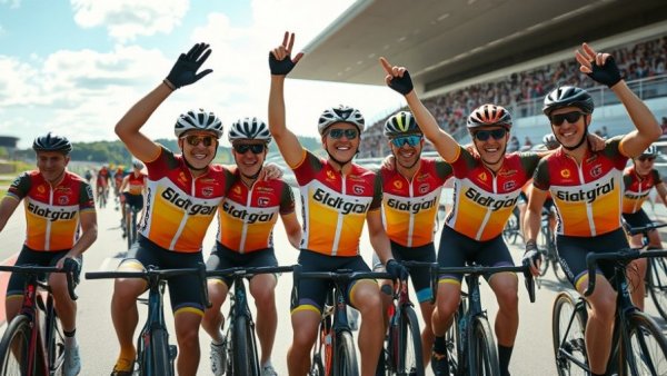 Cyclists celebrating at race track event, sunny day.