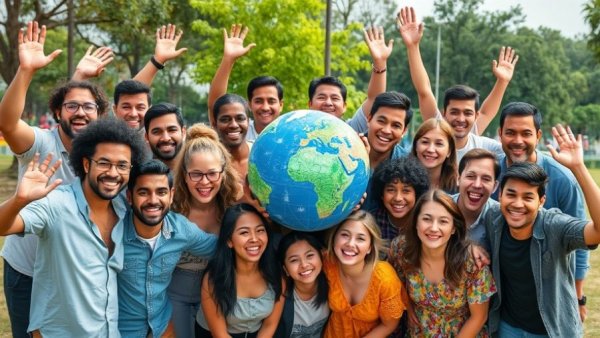 Diverse group celebrating Earth Day with central Earth graphic.