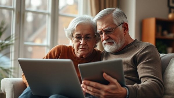 Engaged retirees explore solar investment strategies on laptop.