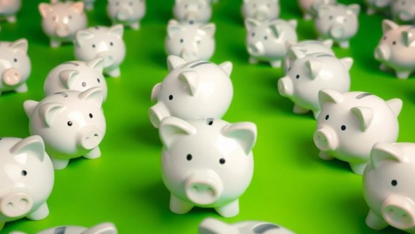 White piggy banks on green background, conveying financial planning and brokerage account concepts.