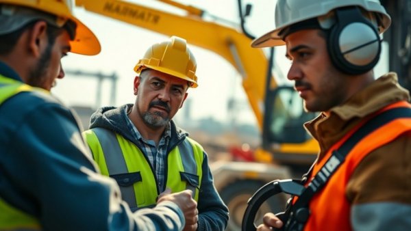 Construction workers adjusting machinery at a busy outdoor site.