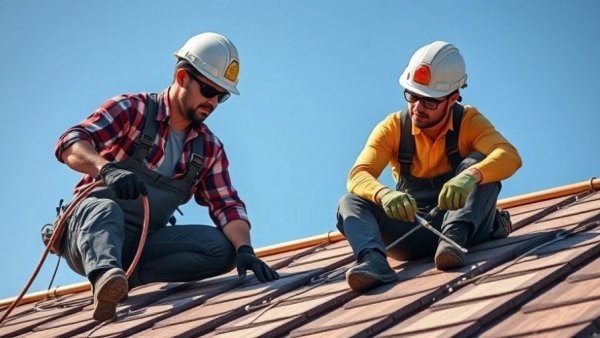 Construction workers install fortified roofs under clear blue skies.
