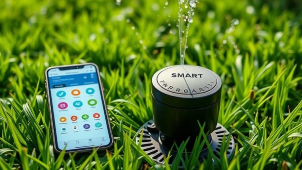 Rachio smart irrigation systems in green lawn setting with apps