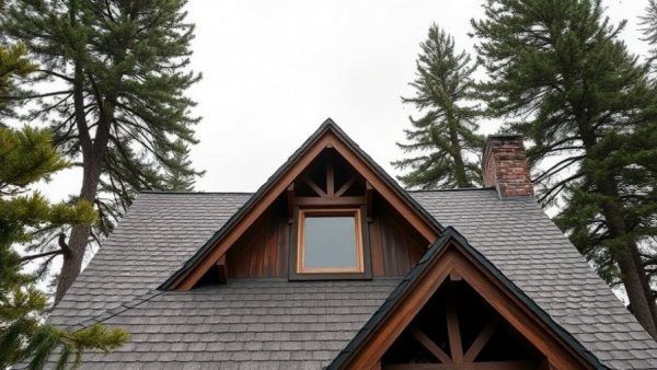 Detailed roofing shingles and wooden beams amid trees.