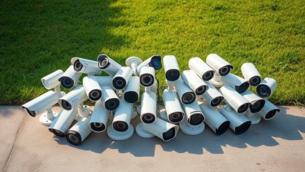 Durability of Outdoor Security Cameras displayed on concrete with grass backdrop.