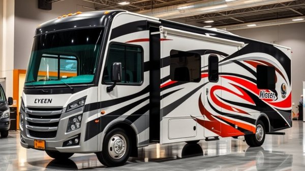 Modern promotional RV with bold graphics related to roofing, showcased indoors.