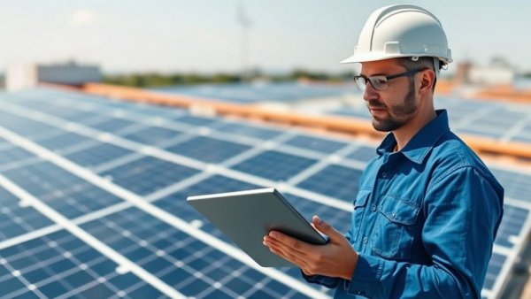Engineer assessing solar panel output with laptop on rooftop.