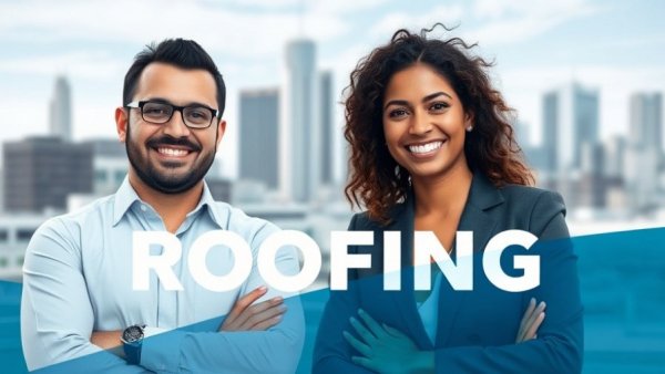 Business professionals in blue suits highlight roofing innovations.