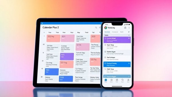 Cozyla Calendar Plus 2 display on tablet and smartphone with vibrant background.