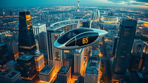 Futuristic Joby air taxi flying over city skyline.