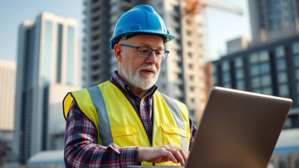 Construction worker discusses tariff refund process on laptop