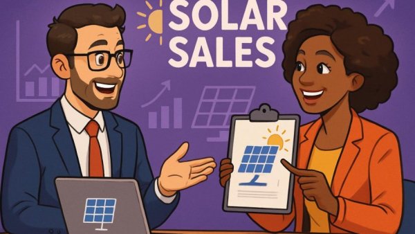 Two professionals discussing solar sales tips in a vibrant setting.