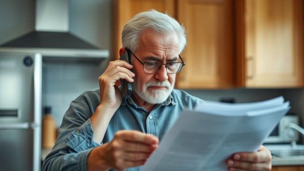 Retiree reviewing bank fees on phone in kitchen.