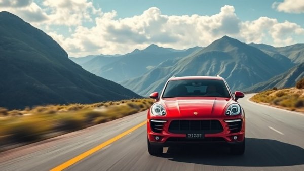 Red Porsche Macan driving, representing electric transition.