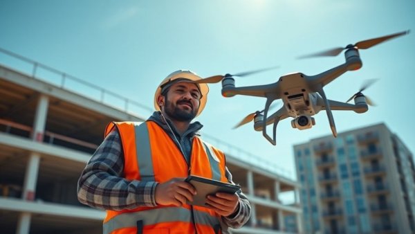 Construction worker operating drone at site for safety inspection.
