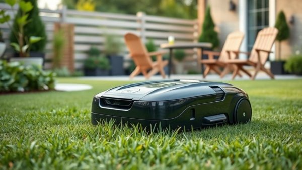 Sleek solar-powered robotic lawn mower cutting grass in backyard.