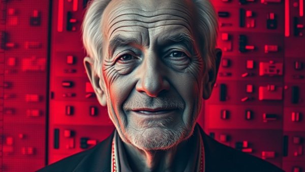 Monochrome elderly man portrait warning of deepfake risks, digital glitch background.