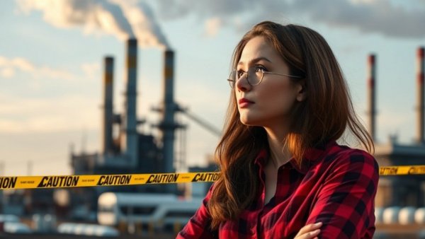 Are Renewables Reliable? Contemplative woman with caution tape on industrial site.