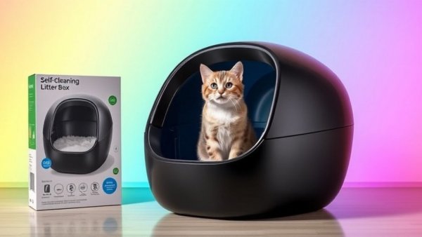 Cat in a modern self-cleaning litter box with colorful background.