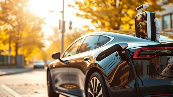 Electric vehicle charging at a public station in an autumn setting, showcasing a combination of PV, storage, and charging.