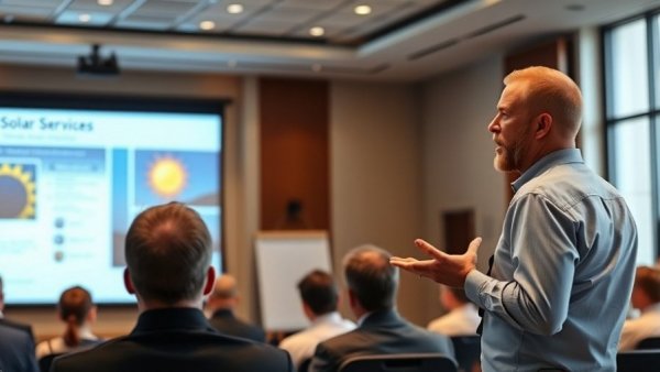 Speaker presenting on solar services at a conference, setting expectations.