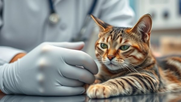 Tabby cat being examined in a veterinary clinic.