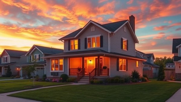 Suburban house showcasing modern roofing at sunset, vibrant sky.