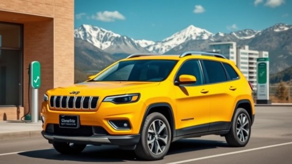 Yellow Jeep Avenger Electric at charging station, qualifies for UK EV grant.