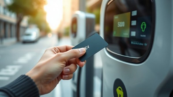 Subscription models for EV charging: hand using card at charging station.