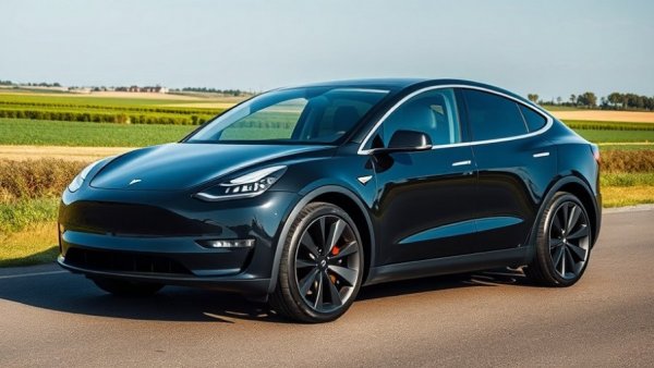 Entry-level Tesla Model Y review in a countryside setting.