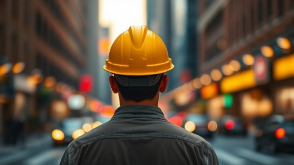 Person in yellow hard hat in urban Texas setting.