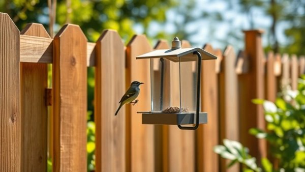 Sleek smart bird feeder attached to a wooden fence