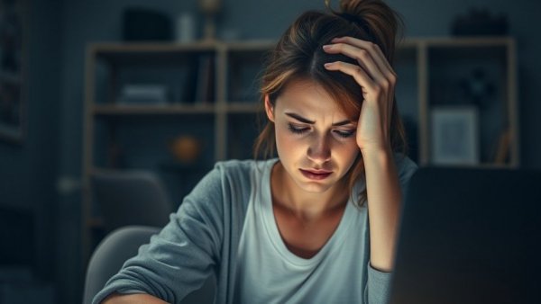 Woman stressed over finances in dimly lit room