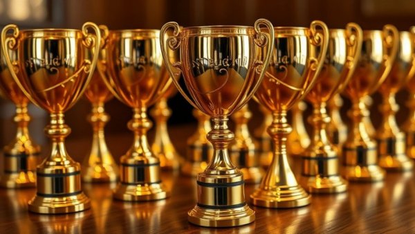 Gleaming golden trophies for 2023 Safety Award Winners on table.