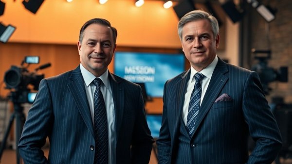 Wealth experts in suits discussing finance on set