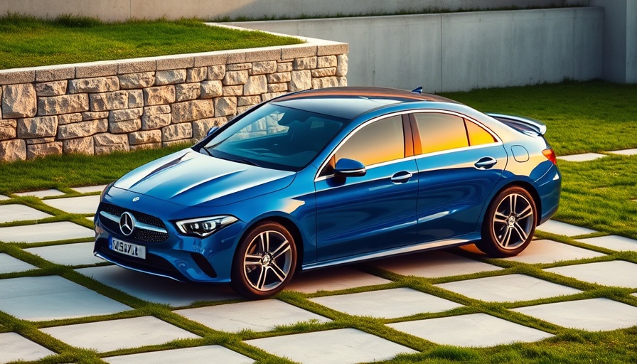 Sleek blue Mercedes-Benz CLA electric vehicle in a modern outdoor setting.