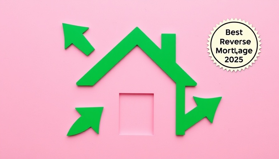 Green arrow house illustration with reverse mortgage badge, pink background.