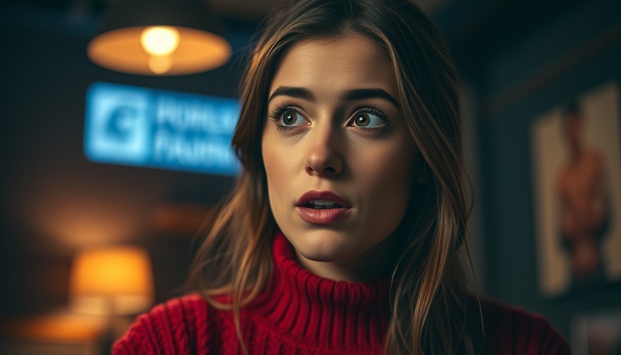 Young woman in red sweater discussing 'Why Big Solar is in Trouble'.